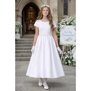 NEW Girl First Holy Communion Dress Size 20X Satin Silver Corded Trim Tea-Length